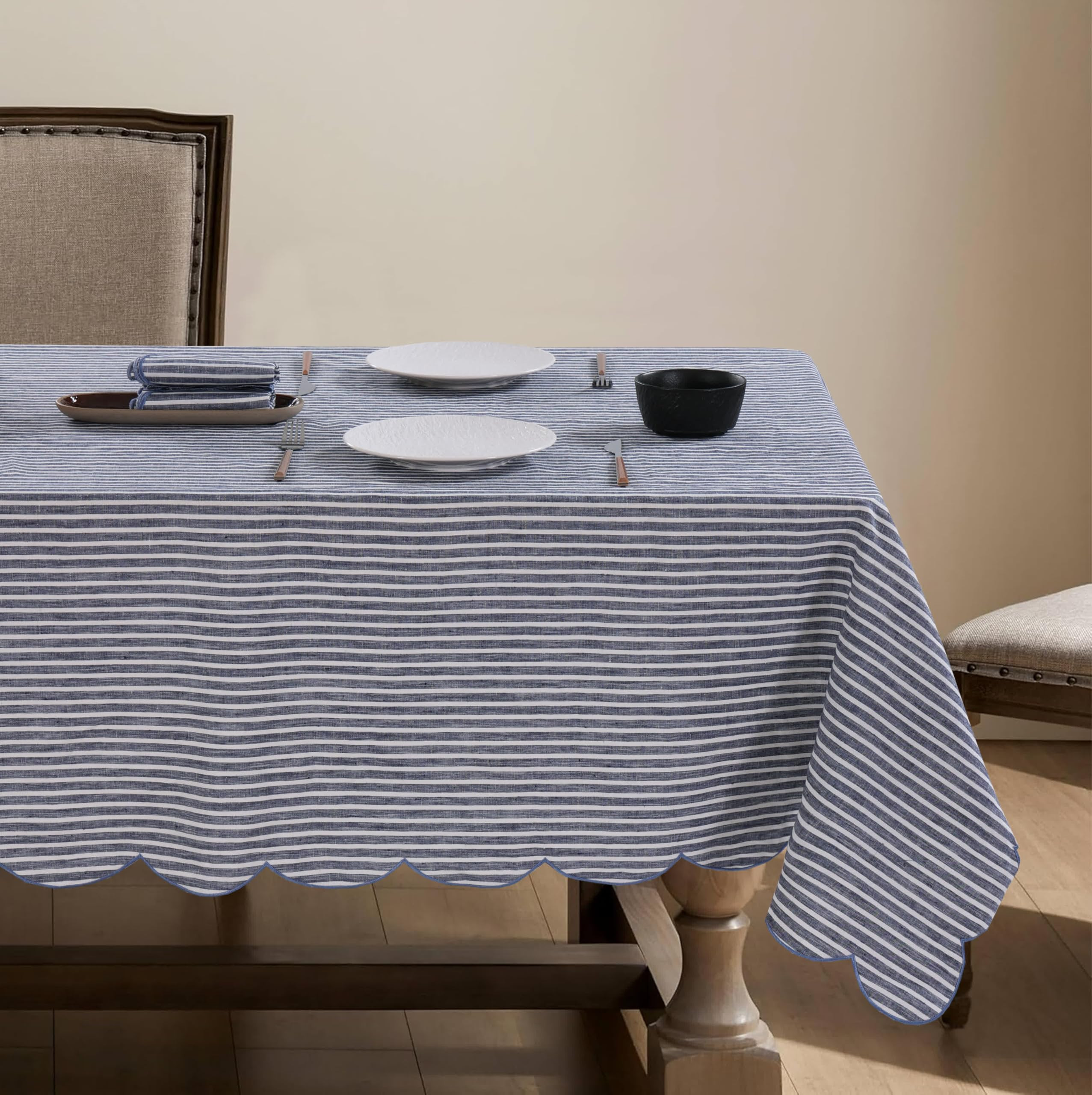 100% French Flax Linen Tablecloths Scalloped Embroidery Rectangle 120Lx60W Inch for Dinners, Part... | Amazon (US)