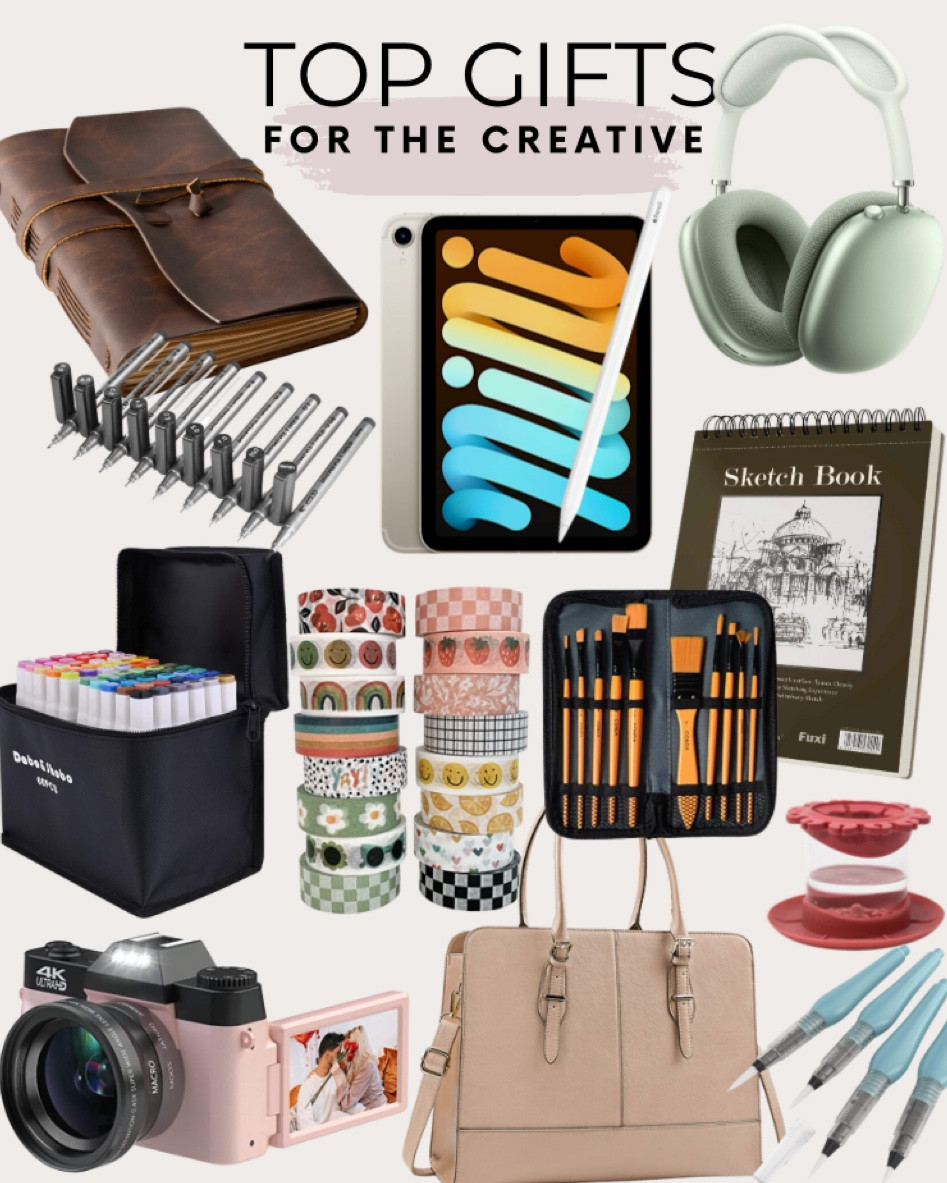 Top gifts for the creative include watercolor paint pens, paint brush cleaner, paint brush set, sketch book, airpod max wireless headphones, iPad, iPencil, leather journal, micro art pens, alcohol marker set, washi tape set, digital camer, and computer tote purse. 

Gifts for the creative, gift guide, gifts for her, creative gifts, crafting gifts, art gifts

#LTKHoliday #LTKunder50 #LTKGiftGuide