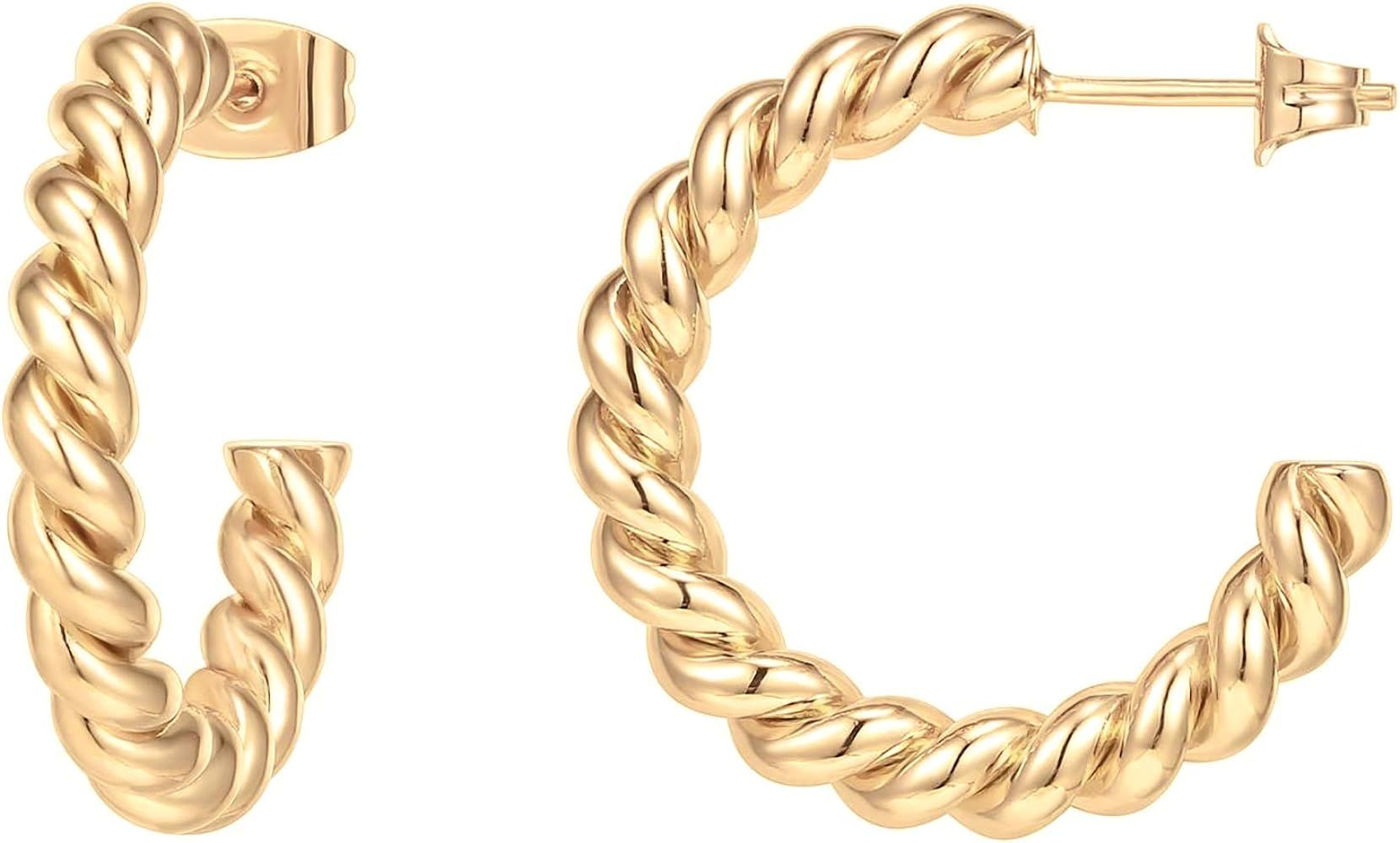14K Gold Plated 925 Sterling Silver Twisted Rope Round Hoop Earrings in Rose Gold, White Gold and... | Amazon (US)
