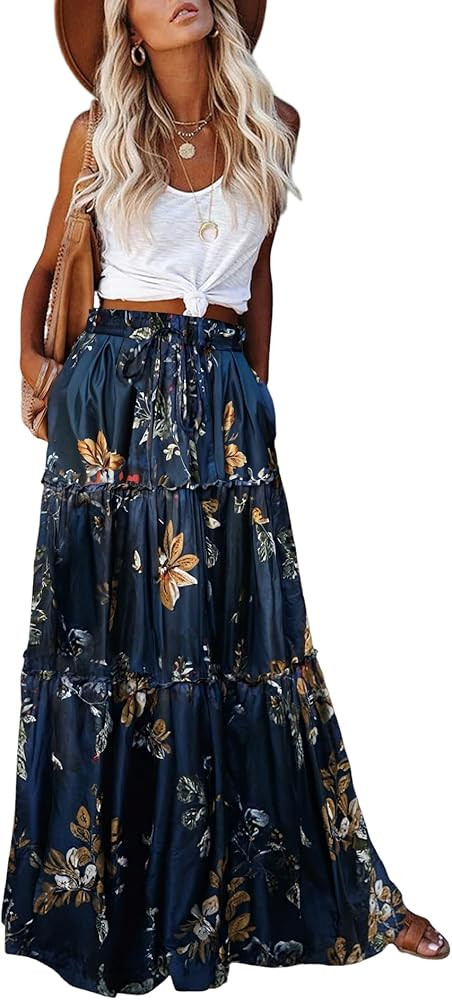 Amazon.com: Trendy Lightweight Drawstring Tiered Ruffles Paisley Hippie Plus Size Bohemian Long M... | Amazon (US)