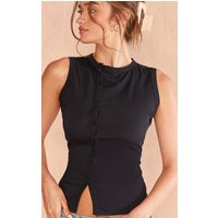 Black Cotton Asymmetric Button Down Top, Black | PrettyLittleThing UK