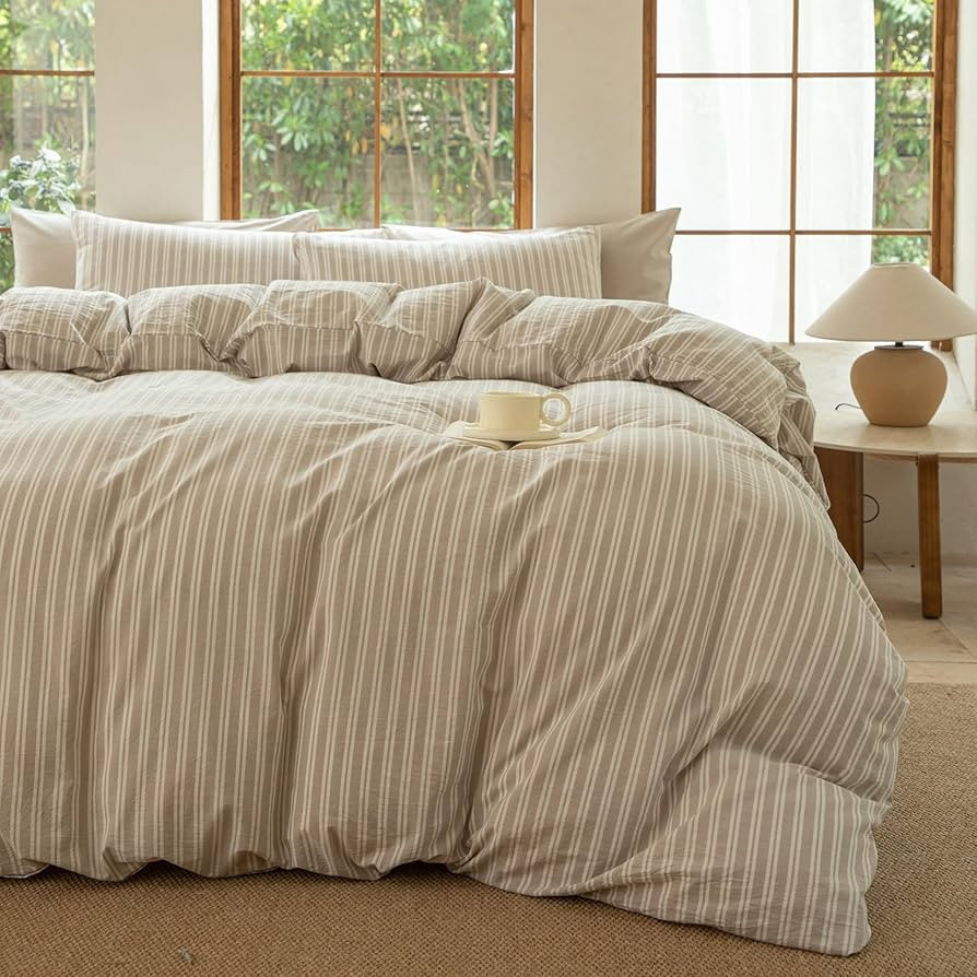 Striped Duvet Cover Set 100% Washed Cotton Linen Like Soft Feelling Breathable Bedding(Strip-Beig... | Amazon (US)