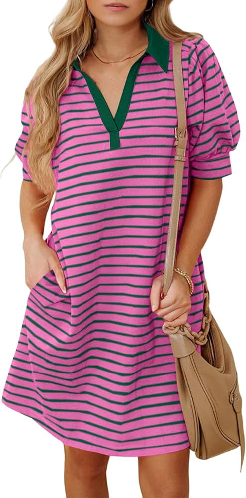 BLENCOT Women's Casual Polo V Neck T Shirt Striped Dress Summer Puff Short Sleeve MIdi Dresses | Amazon (US)