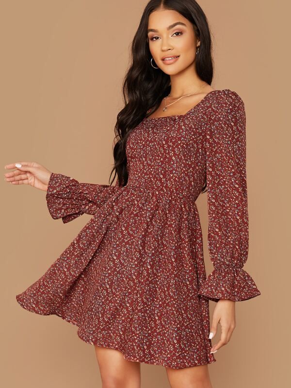 SHEIN Square Neck Flounce Sleeve Ditsy Floral Dress | SHEIN