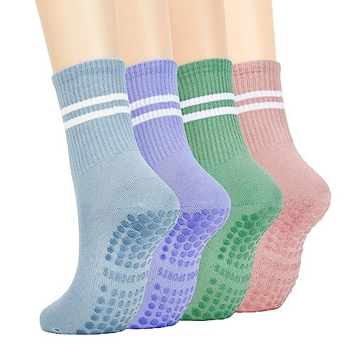 Pilates Socks Grips for Women Yoga Socks Barre Socks Non Slip Socks Grippy Dance Socks Hospital Socks withe Grippers 4 Pairs-Light Blue Light Purple Light Green Pink | Amazon (US)