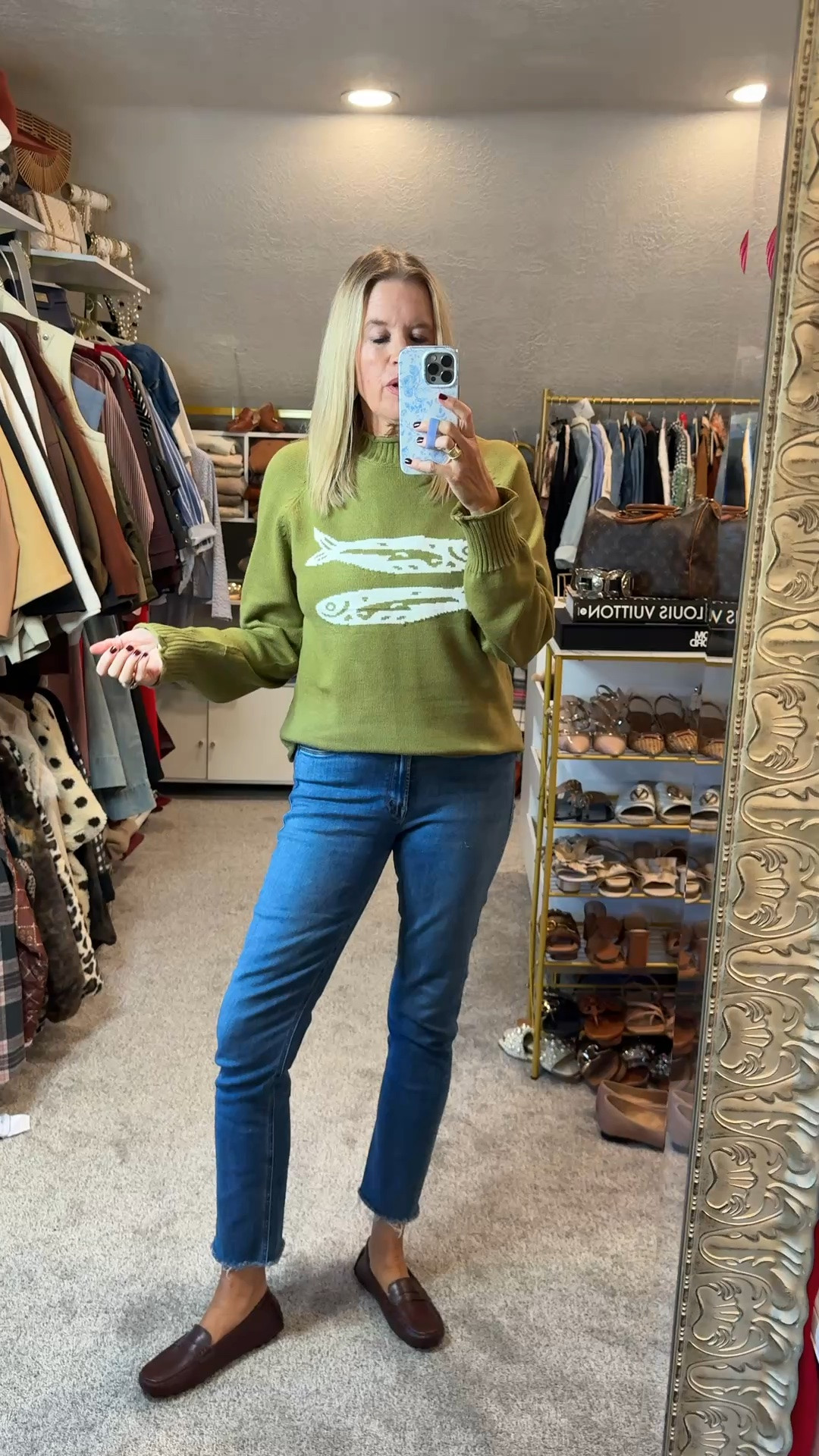 Fall sweater & Jean series under $40 

Jeans are Mother denim straight leg raw hem.. tts

Shoes are brown Affordable loafer  tts

Affordable sweater:
This one is a Anthropologie pullover with fish detail:
Fits tts and comes in several colors and on sale.
Fits tts

Hoop earrings by Julie voz new Fall collection
