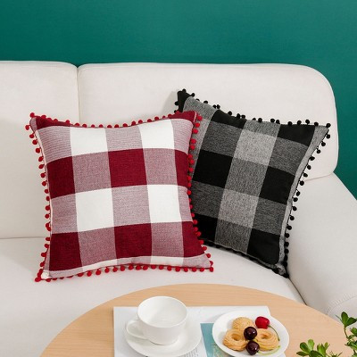 PiccoCasa Buffalo Sofa Decor Check Plaid with Pompoms Throw Pillow Covers Burgundy Beige Red 18" x 18" | Target