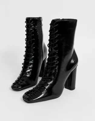 Glamorous black patent lace up ankle boots | ASOS US