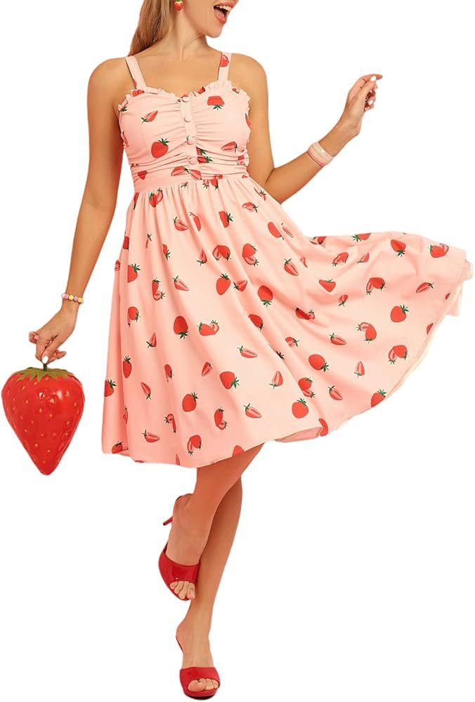 Belle Poque Women's Vintage Floral Dress Summer Strap Dress Ruffle Dress Ruched Sweet A-Line Flow... | Amazon (US)