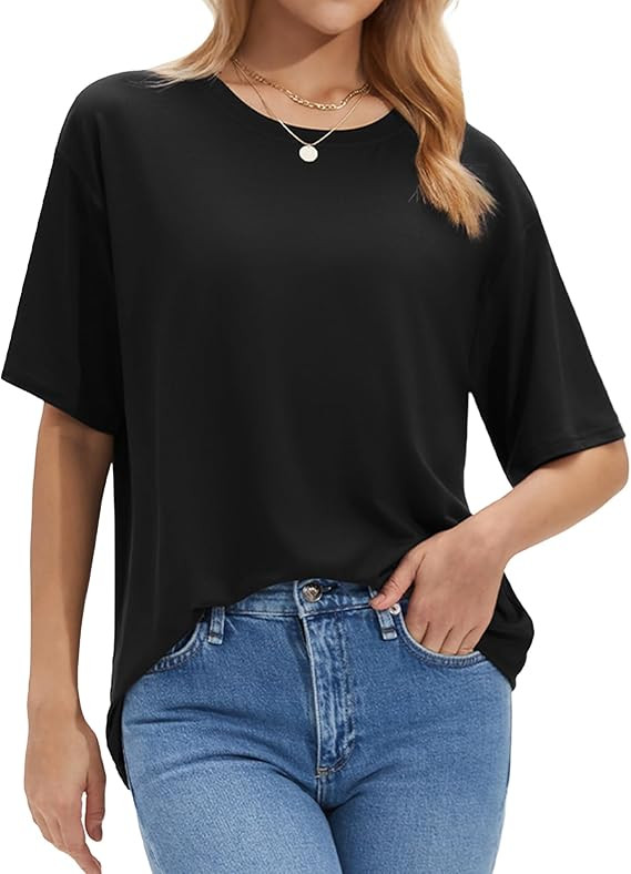 Stelle Non See Through Oversized T Shirts Women Crew Neck Short Sleeve Summer Tops Soft Basic Tee... | Amazon (US)