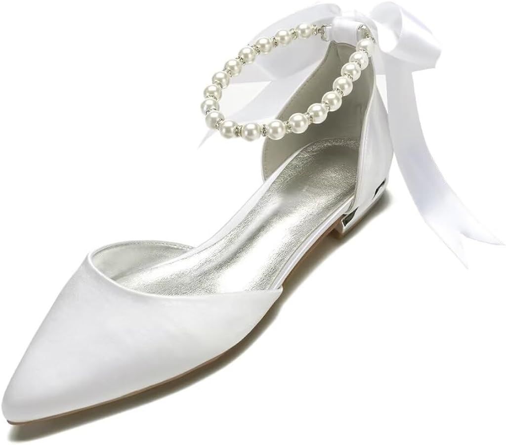 Women Satin Pearls Wedding Flats Shoes for Bride Pointed Toe Prom Evening Bridal Party Dress Flat... | Amazon (US)
