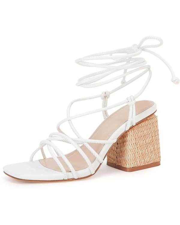 PiePieBuy Women's Lace Up Chunky Braided Heel Sandals Square Toe Strappy Ankle Strap Heels | Amazon (US)