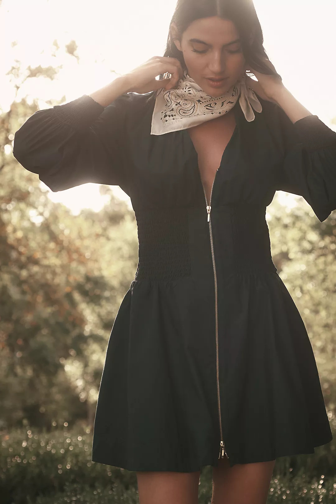 The Tommie Long-Sleeve Smocked Front-Zip Mini Shirt Dress | Anthropologie (US)