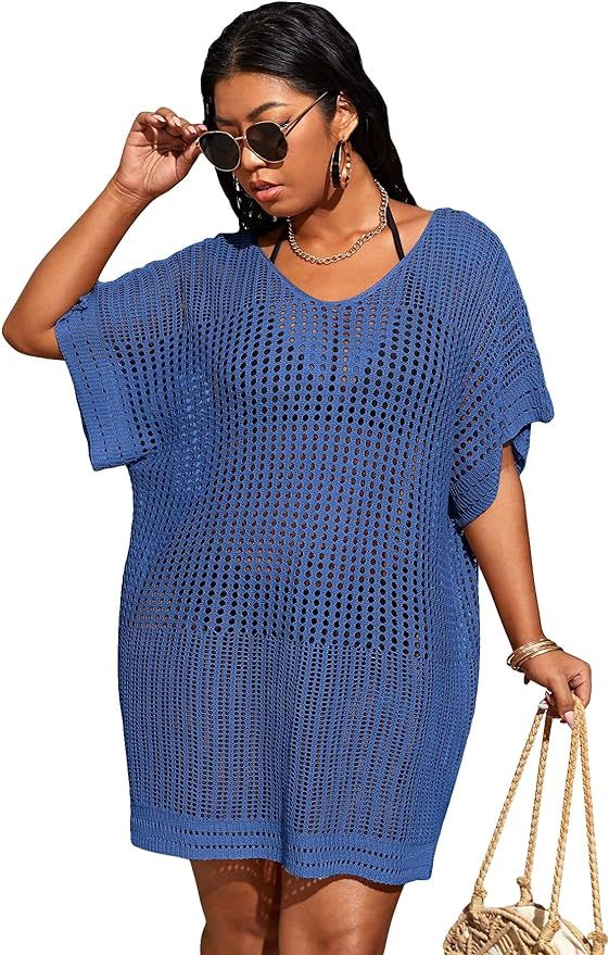 SOLY HUX Women's Plus Size Short Sleeve Hollow Out Split Beach Swimsuit Bikini Cover Up | Amazon (US)