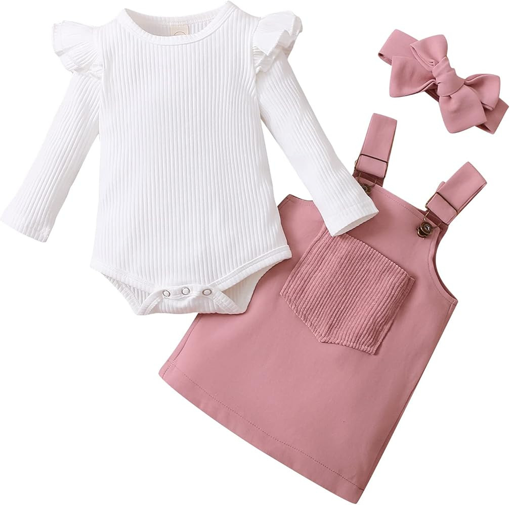 Kupretty Newborn Baby Girl Fall Clothes Ruffle Long Sleeve Ribbed Romper Suspender Skirts Headban... | Amazon (US)