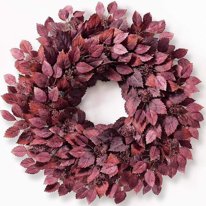 26" Artificial Hibiscus Leaves Fall Wreath for Front Door Decor(Autumn Red) | Amazon (US)