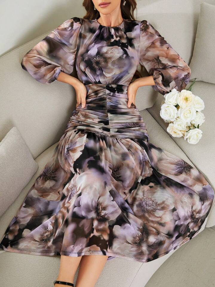 SHEIN Modely Women's Spring/Summer Floral Print Lantern Sleeve Round Neckline Waist Pleated Midi ... | SHEIN