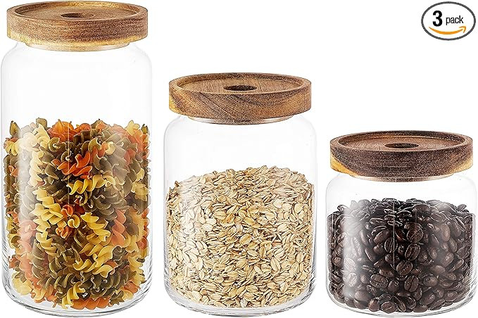 KMwares Set of 3 Clear Glass Food Jars/Canisters with Airtight Seal Acacia Wood Lids for Kitchen/... | Amazon (US)