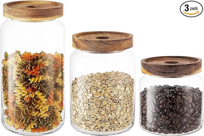 KMwares Set of 3 Clear Glass Food Jars/Canisters with Airtight Seal Acacia Wood Lids for Kitchen/... | Amazon (US)