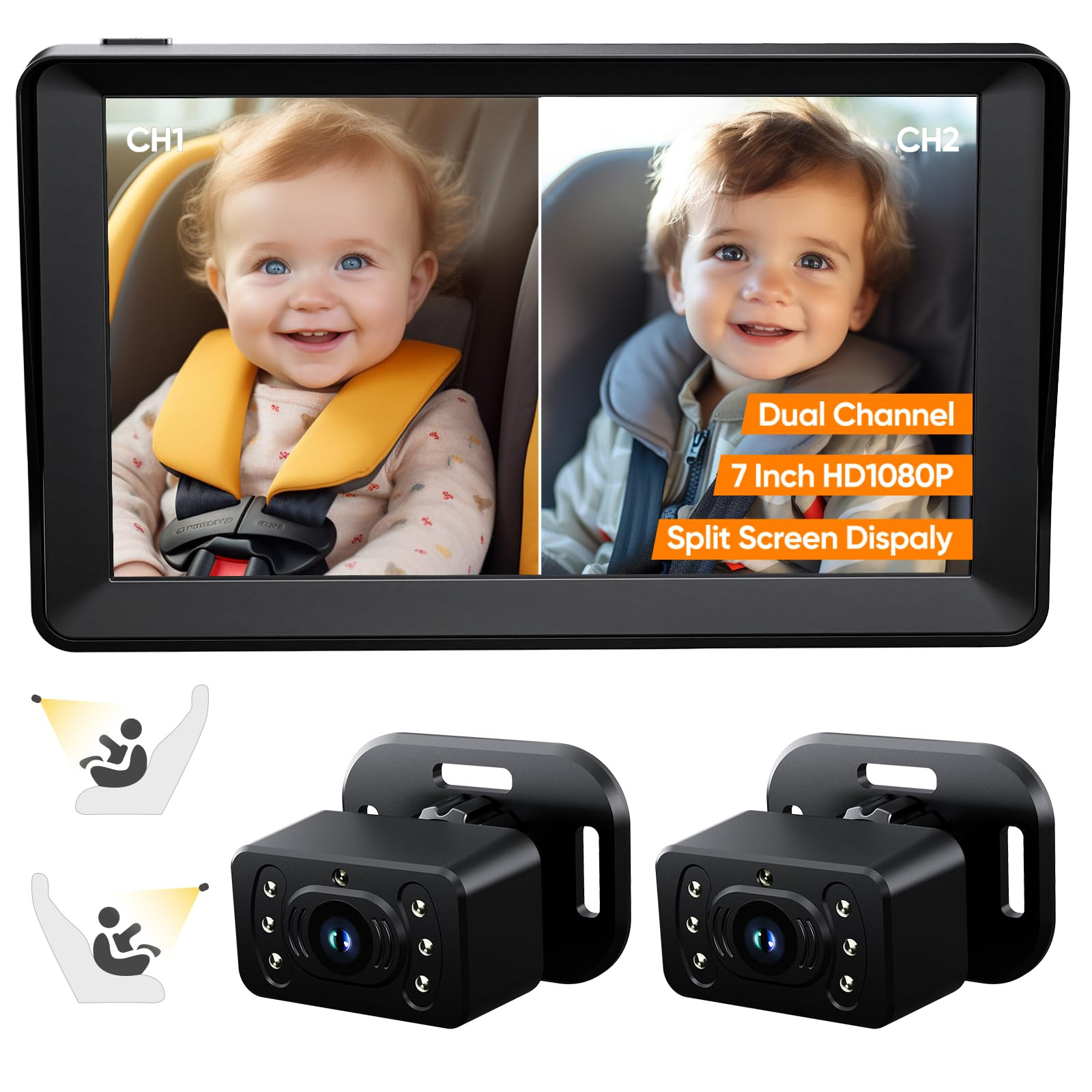 Baby Car Camera for 2Kids-7 Inch IPS Display with Dual Carseat Camera, Split Screen, Night Vision... | Amazon (US)