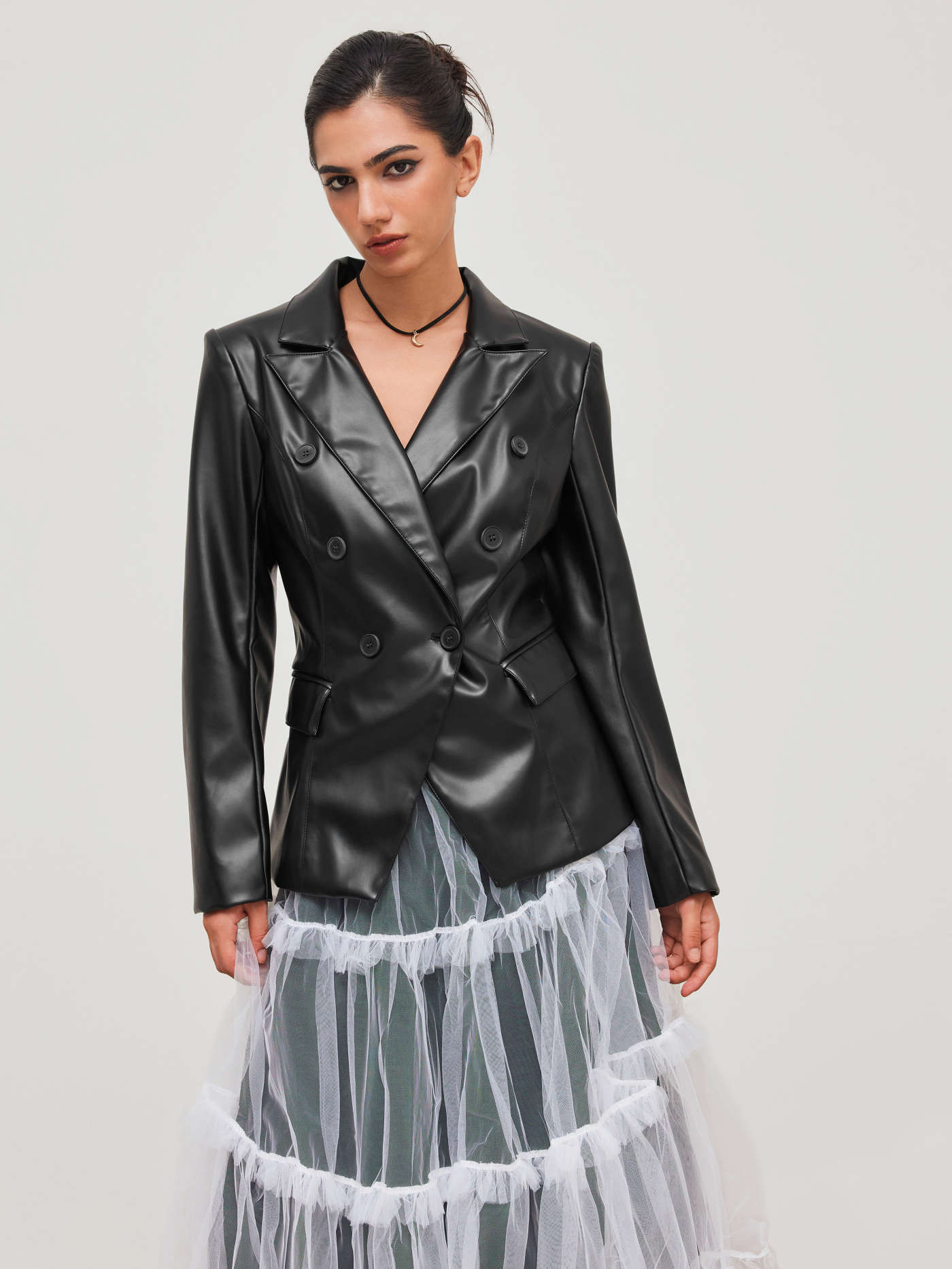 Faux Leather Collar Solid Button Pocket Blazer | Cider