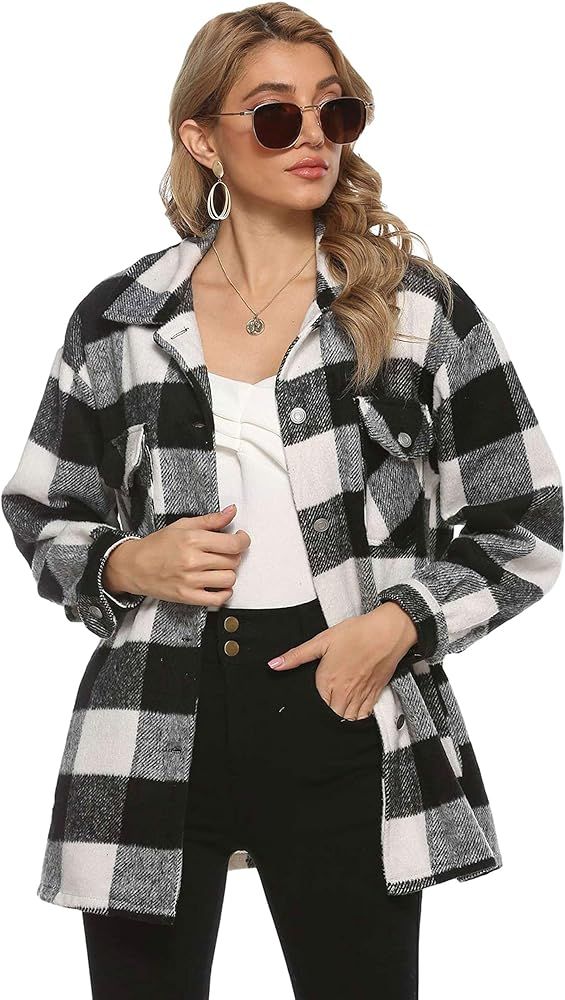 Gihuo Women's Casual Flannel Plaid Shacket Jacket Loose Button Down Shirt Jacket | Amazon (US)