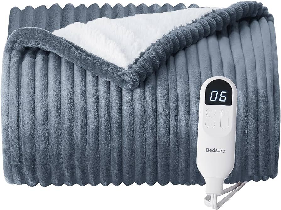 Amazon.com: Bedsure Electric Blanket Heated Throw - Soft Ribbed Flannel Heated Blanket, Fast Heat... | Amazon (US)
