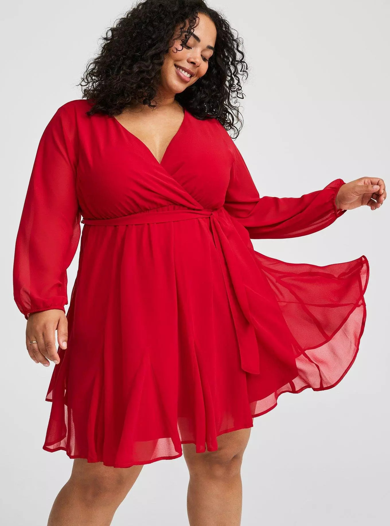 Mini Chiffon Long Sleeve Surplice Godet Dress | Torrid (US & Canada)