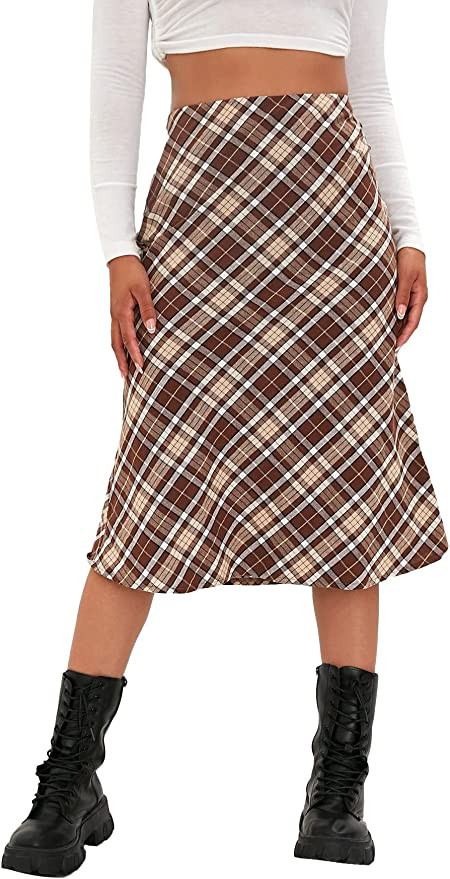 Verdusa Women's Plaid Print High Waist Casual A Line Flared Midi Skirt | Amazon (US)