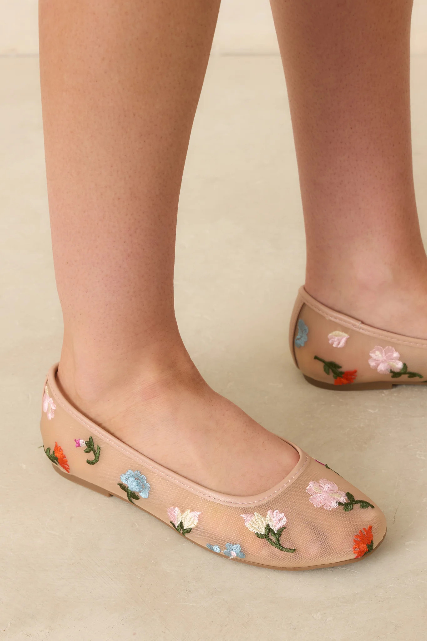 Petal Soft Nude Multi Floral Mesh Ballet Flats - 7.5 / Beige | Red Dress