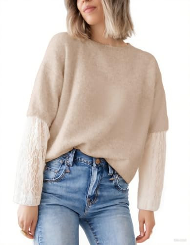 Women's Lace Long Sleeve Sweater Crewneck Casual Loose Ribbed Knit Top | Amazon (US)