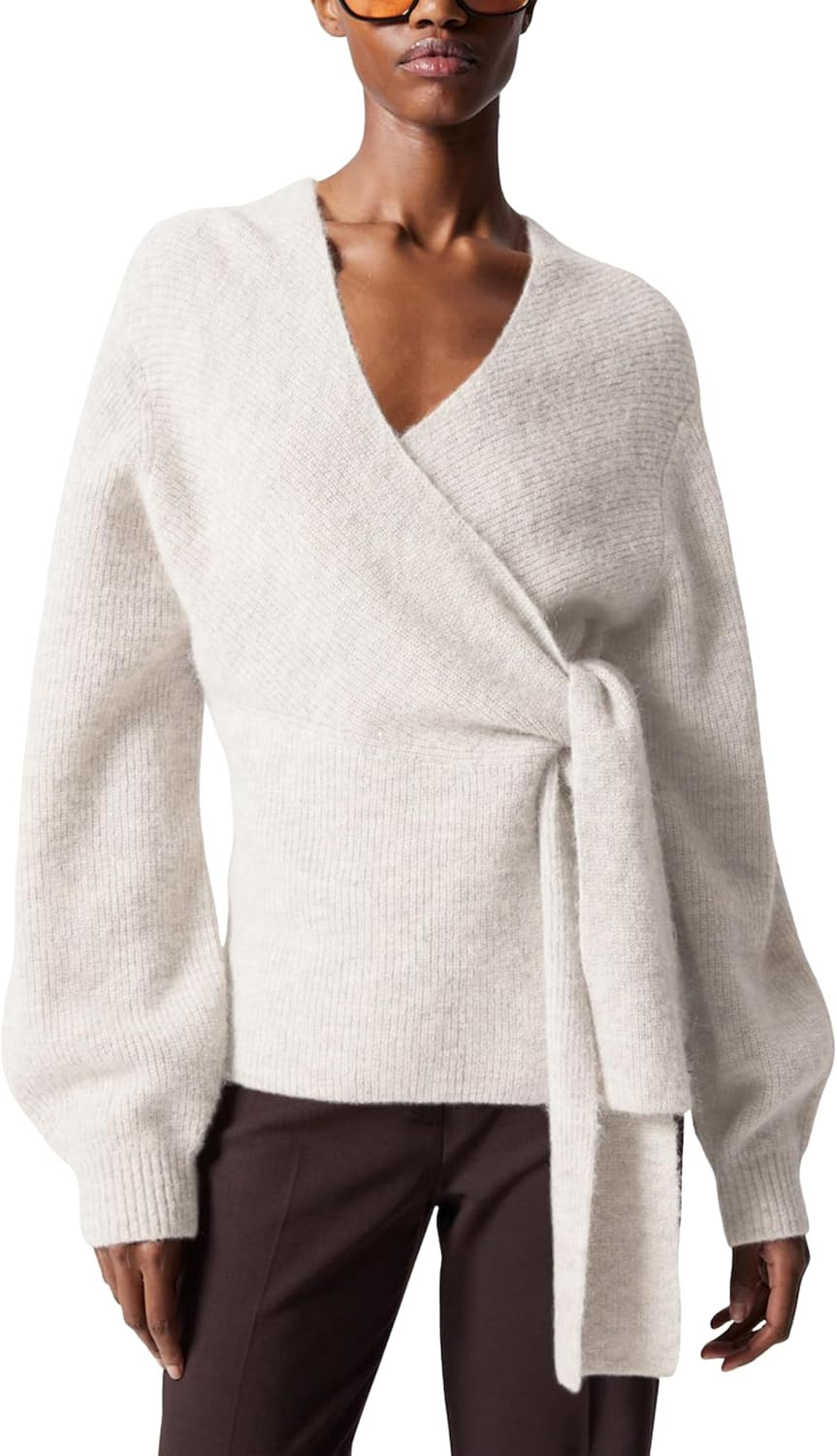Womens Knitted Wrap Cardigan V Neck Long Sleeve Belted Waist Self Tie Pullover Sweater Tops | Amazon (US)