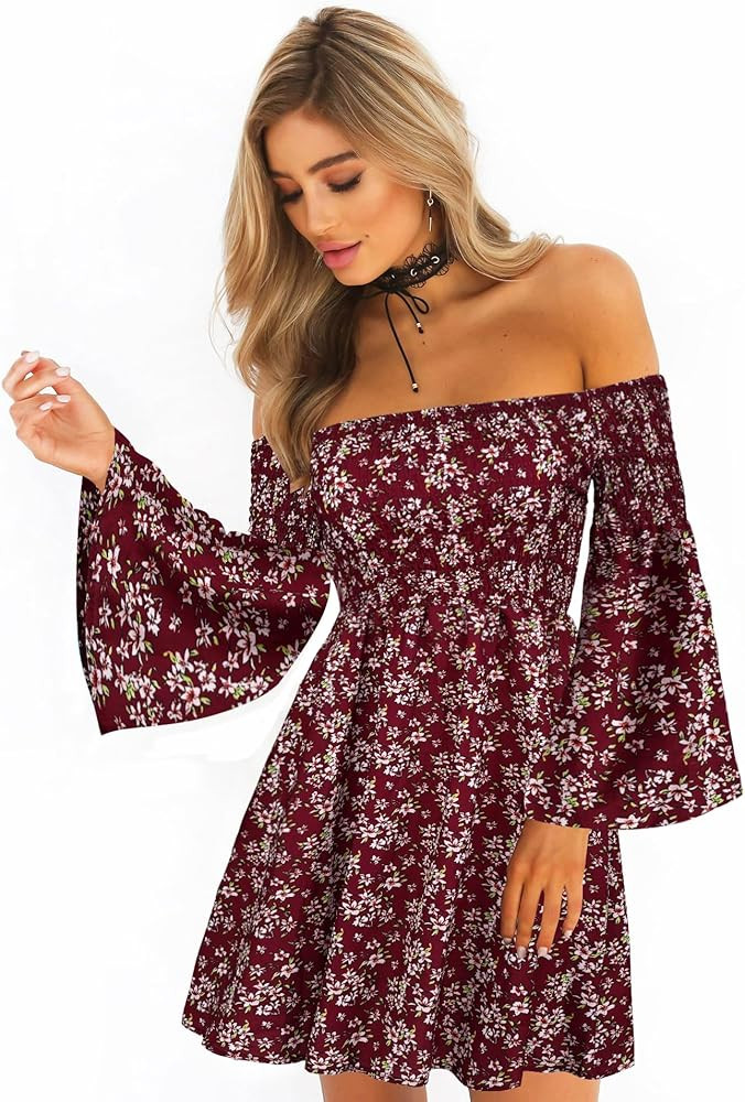 Women's Dress Summer Floral Long Sleeve Off Shoulder Casual Mini Dresses | Amazon (US)