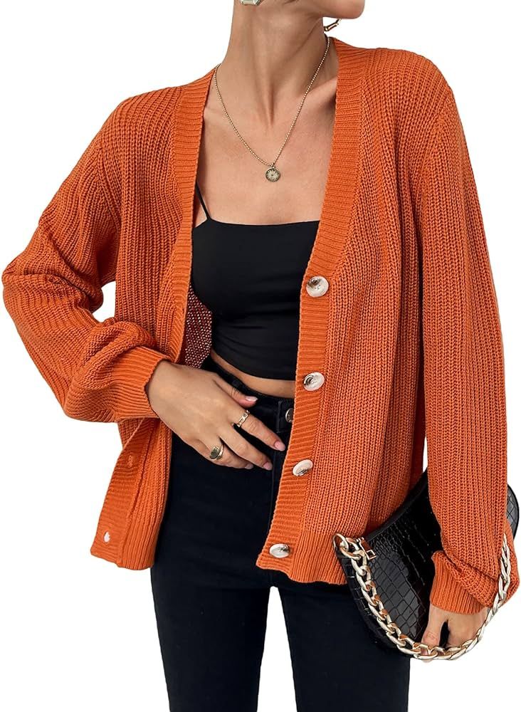 MakeMeChic Women's Casual V Neck Button Up Long Sleeve Cropped Cardigan Sweater | Amazon (US)
