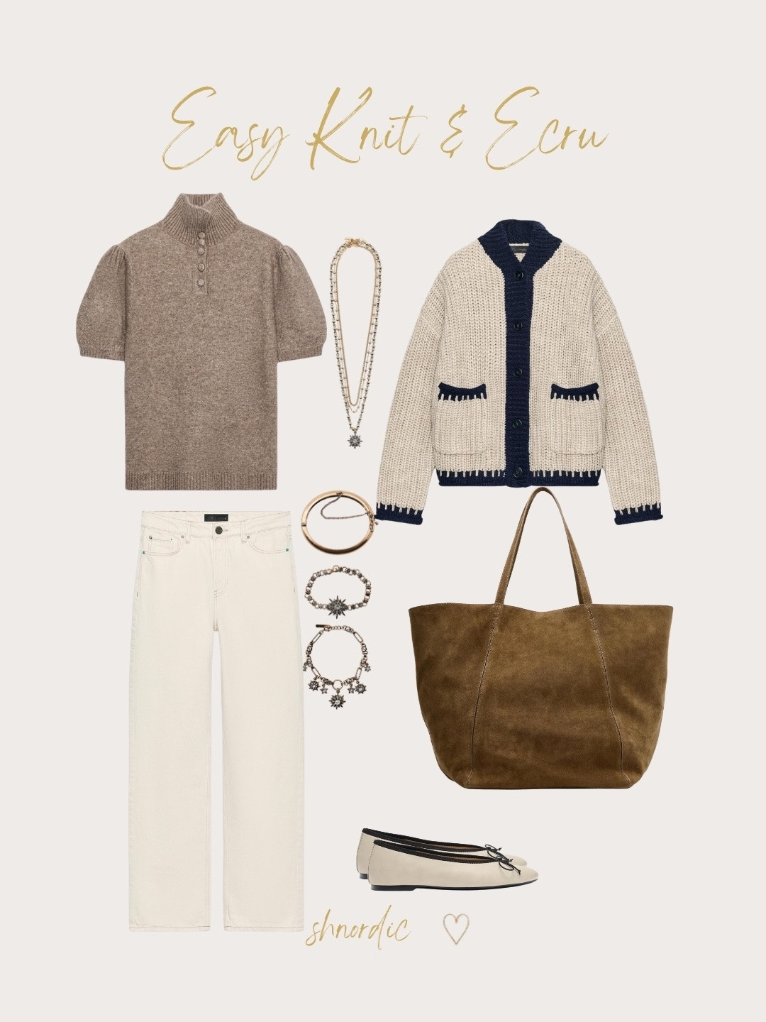 Easy autumn outfit from Zara. A camel short sleeve knit jumper looks great with high-waist ecru jeans and flat bow ballet flats. Star charm bracelets add a little shine. This everyday Zara autumn look is simple, neutral and comfortable. Shop all the pieces below.