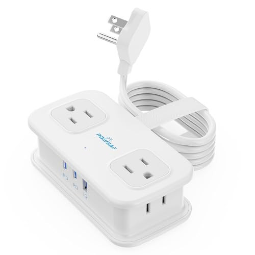 Cruise Essentials, POWSAF 4 Ft Travel Power Strip with 4 Outlets and 3 USB Ports (2 USB C), Non Surge Protector for Cruise Ship, Travel Essentials, Home Office, ETL Listed, White | Amazon (US)