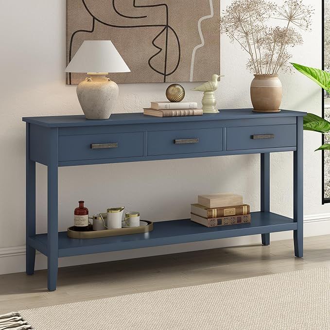 Merax Entryway Console Table with Storage, 3 Drawers Design/Wood Frame/Behind Sofa & Couch, Blue | Amazon (US)