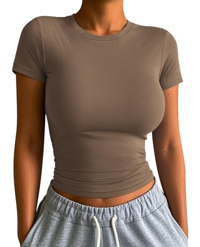 ATHMILE Shirts for Teens Women's Casual Basic Going Out Crop Tops Slim Fit Short Sleeve Crew Neck Tight T Shirts | Amazon (US)