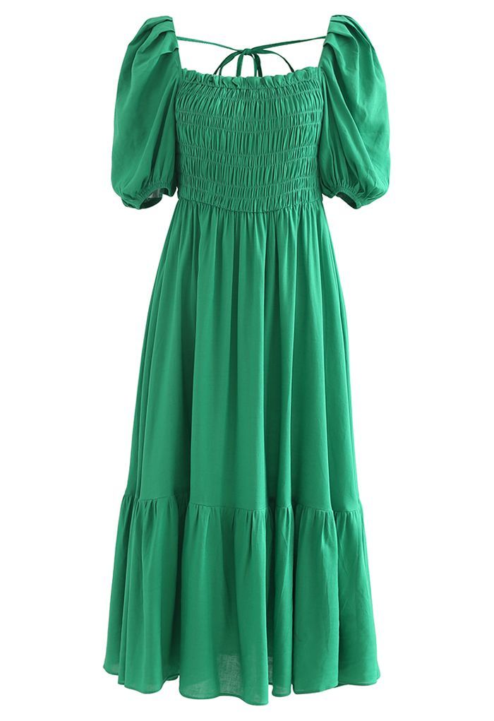 Square Neck Puff Sleeve Shirred Dress in Green | Chicwish
