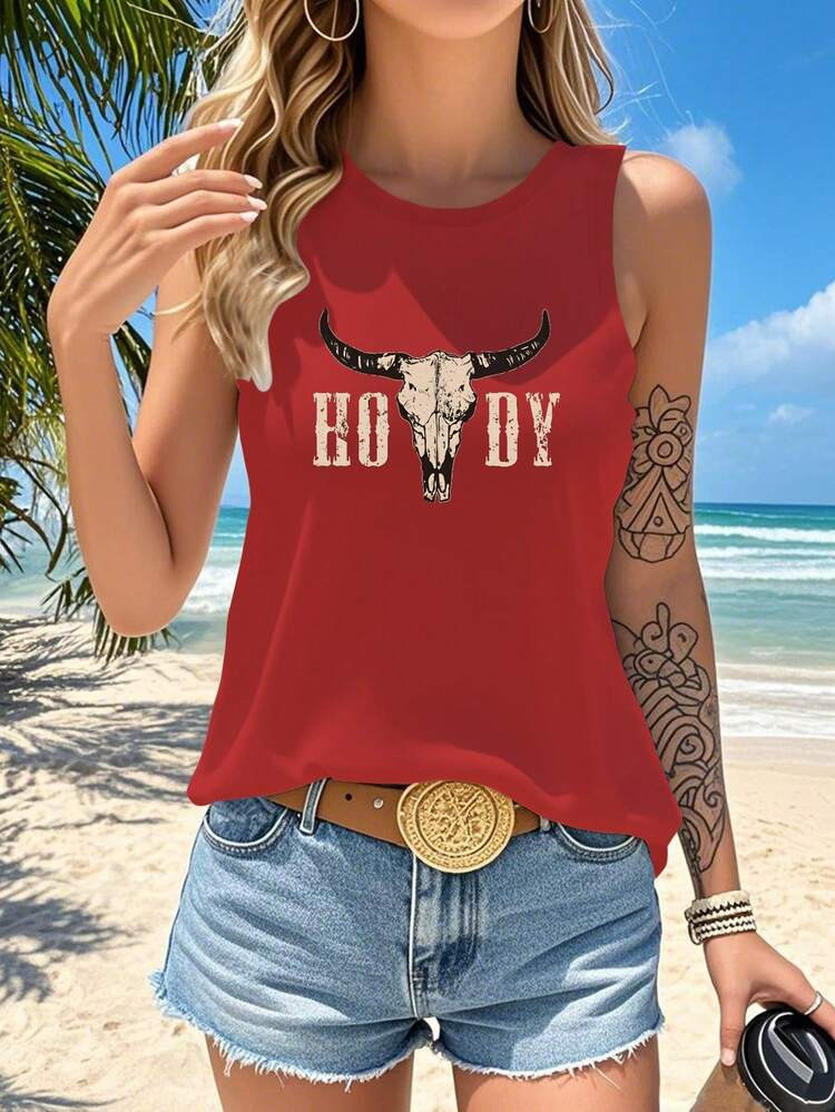 Howdy Western Women's Tank Top, Longhorn Skull Graphic, Rustic Casual Style, Sleeveless Regular Fit Summer Beach | SHEIN