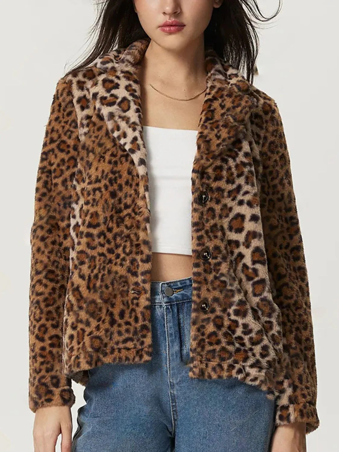 Fuzzy Leopard Collared Neck Jacket Leopard / L | Casual Chic Boutique