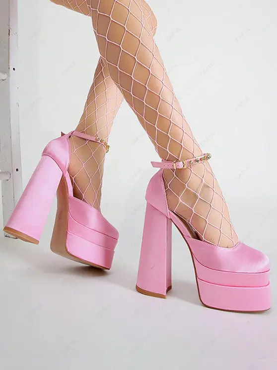 Pair Of Satin Platform Chunky Heels Ankle Strap Pumps   BLACK BLUE DEEP RED GREEN LIGHT PINK LIGH... | ZAFUL (Global)