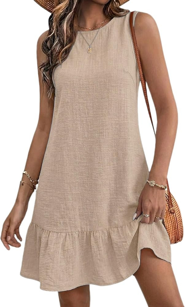 Halife Womens Casual Summer Dresses Tie Back Crew Neck Sleeveless Tank Mini Dress Ruffle Hem Flow... | Amazon (US)