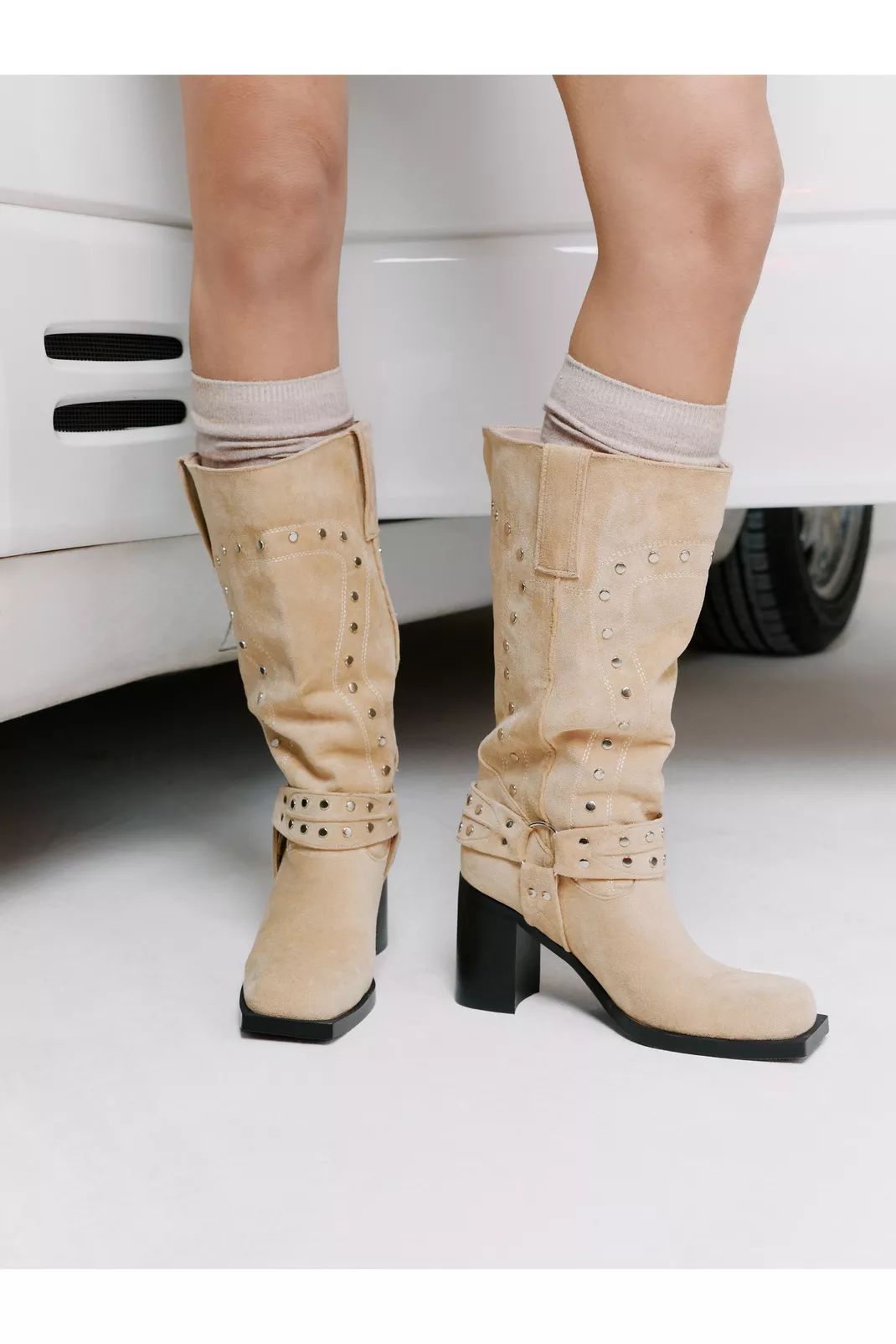 Faux Suede Slouchy Studded Harness Boot | Nasty Gal US