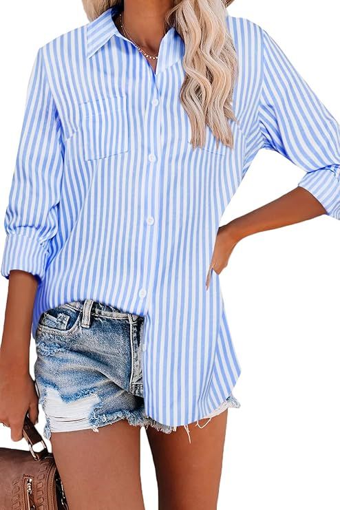 Hotouch Womens Button Down Shirt Long Sleeve Chambray Shirts Casual Denim Collared Blouse Tunic T... | Amazon (US)