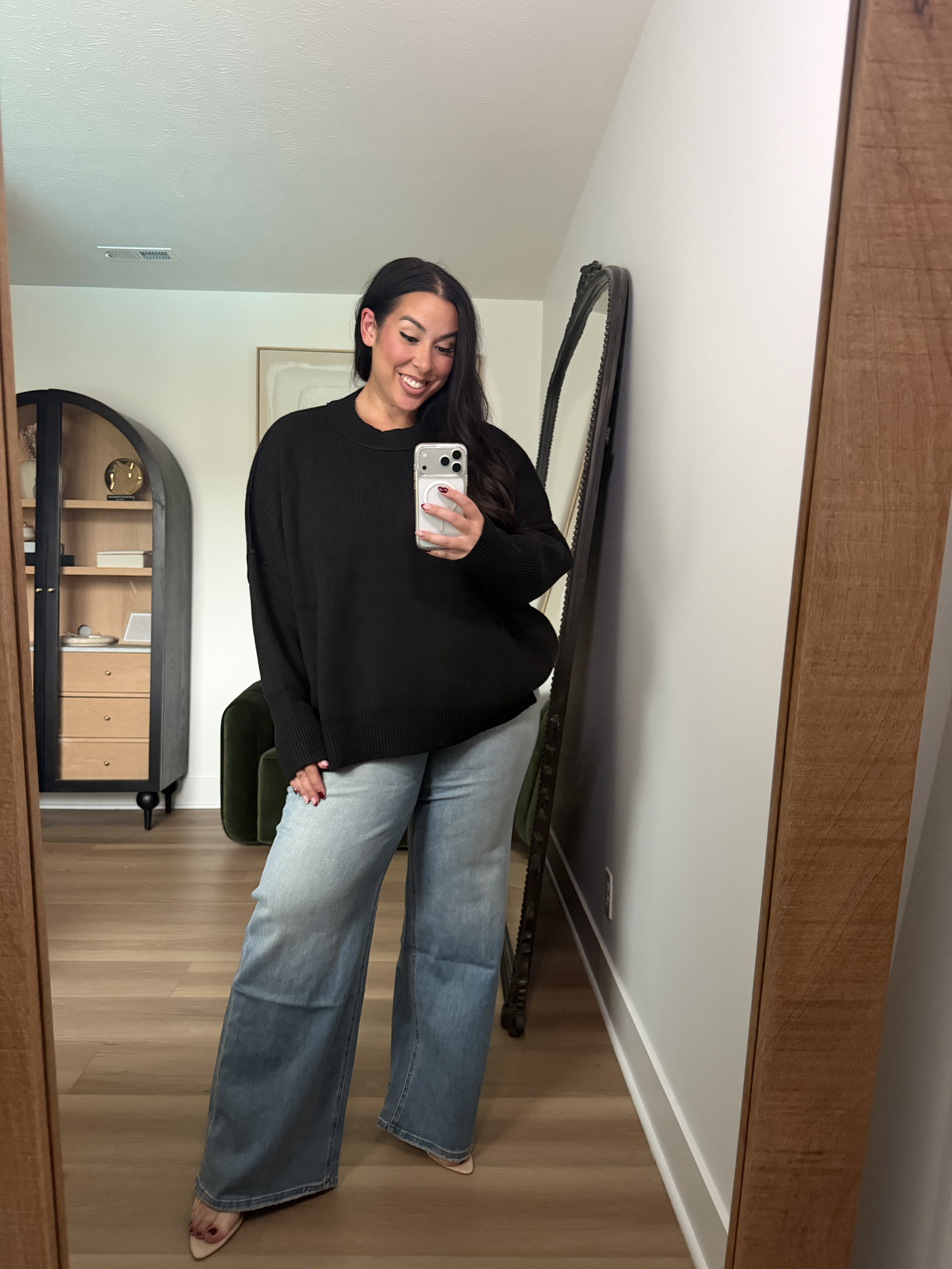 These denim jeans feel like a sweatpant they're that comfortable and stretchy! Love this mockneck, will be the sweater of the season! Wearing an XL & 32. Use code: BONNIE40 @vici, fall style, fall loungewear, matching set, fall dresses 

 #LTKSeasonal #LTKMidsize