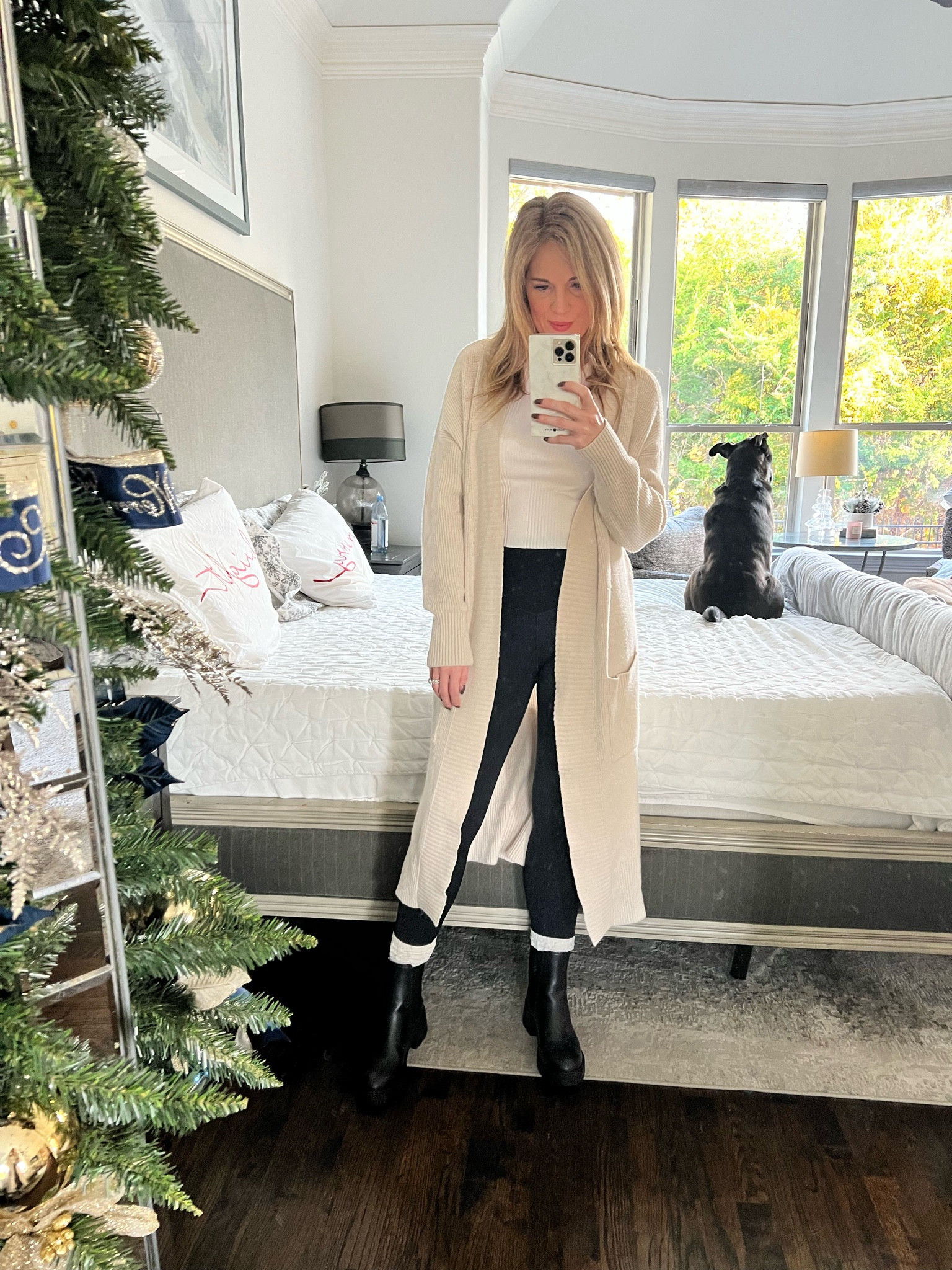 Casual fall look 
Long open cardigan
Black leggings 
Aerie white tank top 
Black Chelsea boots 
Steve Madden boots 

#LTKfindsunder100 #LTKsalealert #LTKshoecrush