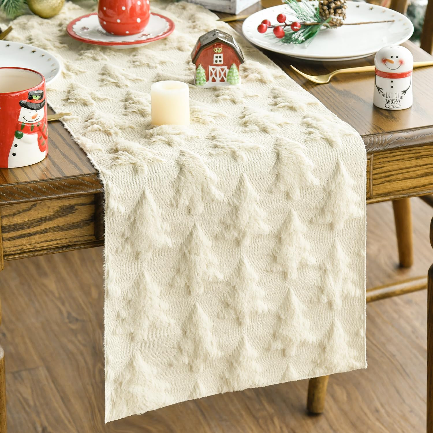 Artoid Mode Christmas Trees Beige Soft Plush Faux Fur Jacquard Christmas Table Runner, Holiday Ki... | Amazon (US)