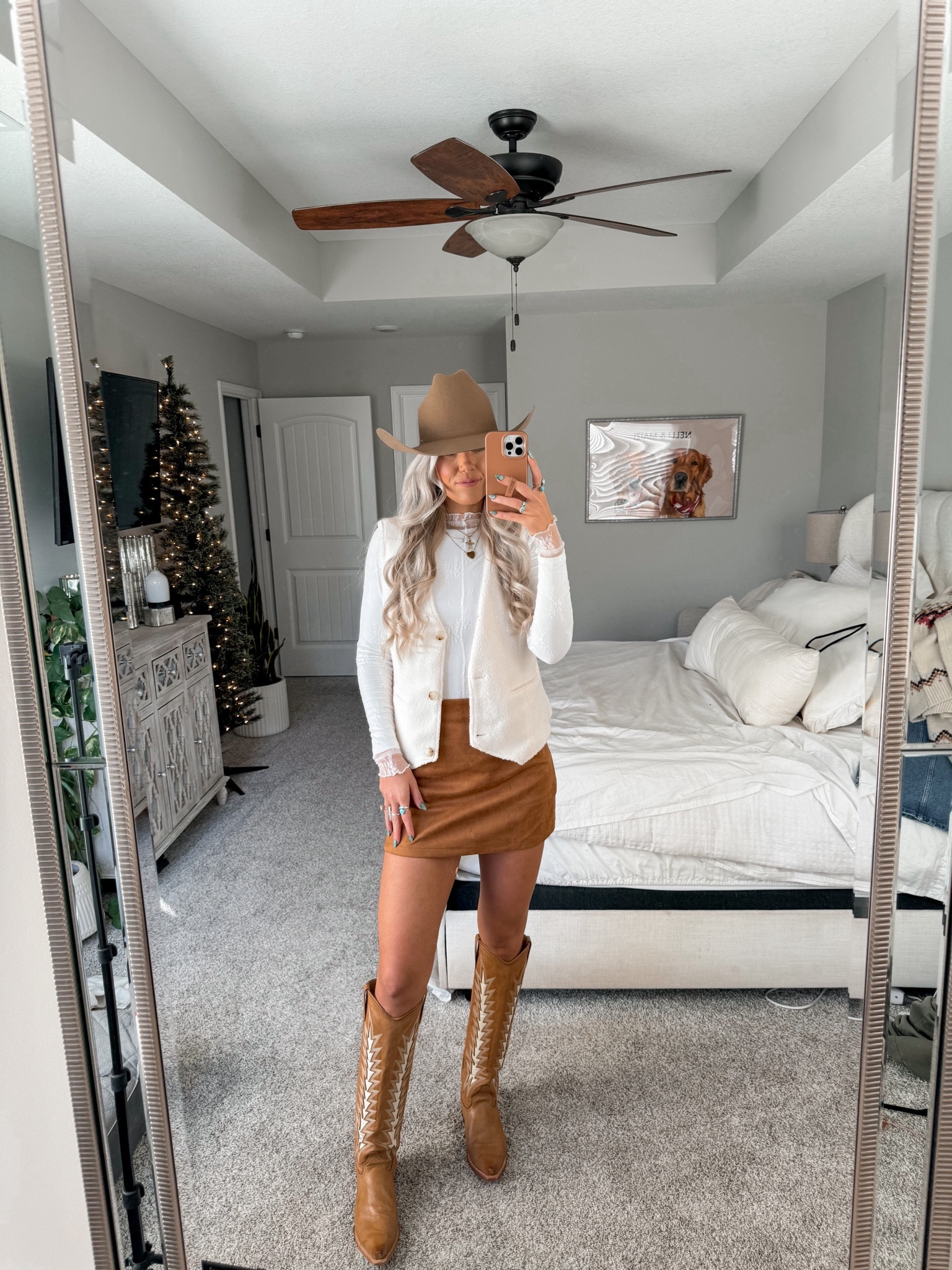 cowboy boots true to size but are narrow in the calf! small in the white lace top and white long sleeve top — vest runs oversized (in a small) + skirt in a size XS. it looks darker online than what it is!

#LTKshoecrush #LTKSeasonal #LTKstyletip