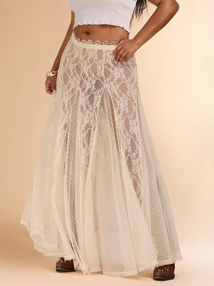 Women's Plus Size Floral Lace Mesh Sheer Y2K Maxi Skirt See Through Flared Punk Tulle Skirts Apri... | Amazon (US)